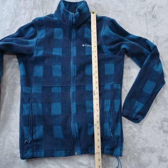Columbia Mens Fleece Jacket Casual Drawstring Waist Zip Up Checkered Blue - Picture 15 of 16